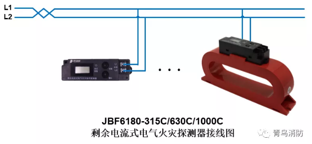 測溫式<a href=http://www.aund.net/dianqihuozai/ target=_blank class=infotextkey>電氣火災監控</a>探測器JBF6180（315C/630C/1000C）<a href=http://www.aund.net/dianqihuozai/ target=_blank class=infotextkey>電氣火災監控</a>系統產品接線圖